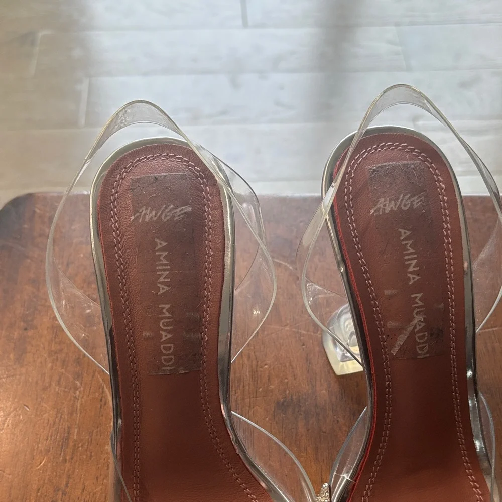 Amina Muaddi Silver and Clear Heels - Picture 13 of 17